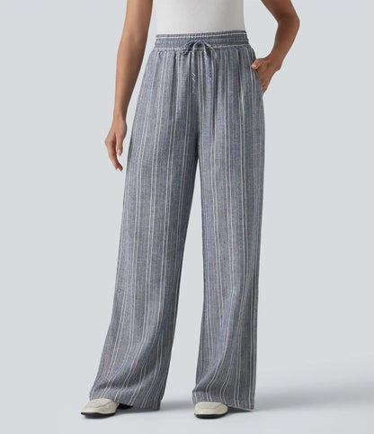 High Waisted Drawstring Stripes Linen Work Baggy Pants with Pockets