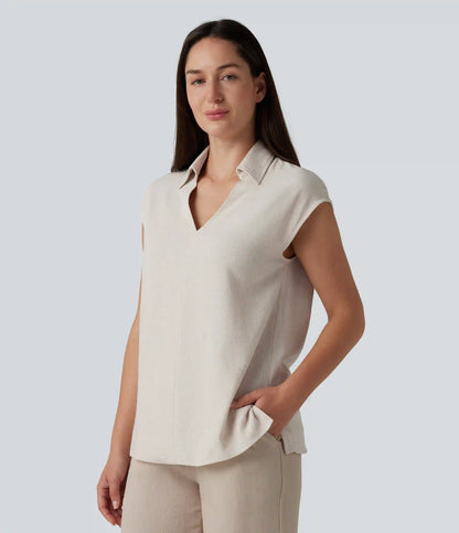 V-neck Sleeveless Split Hem Work Linen-Blend Blouse