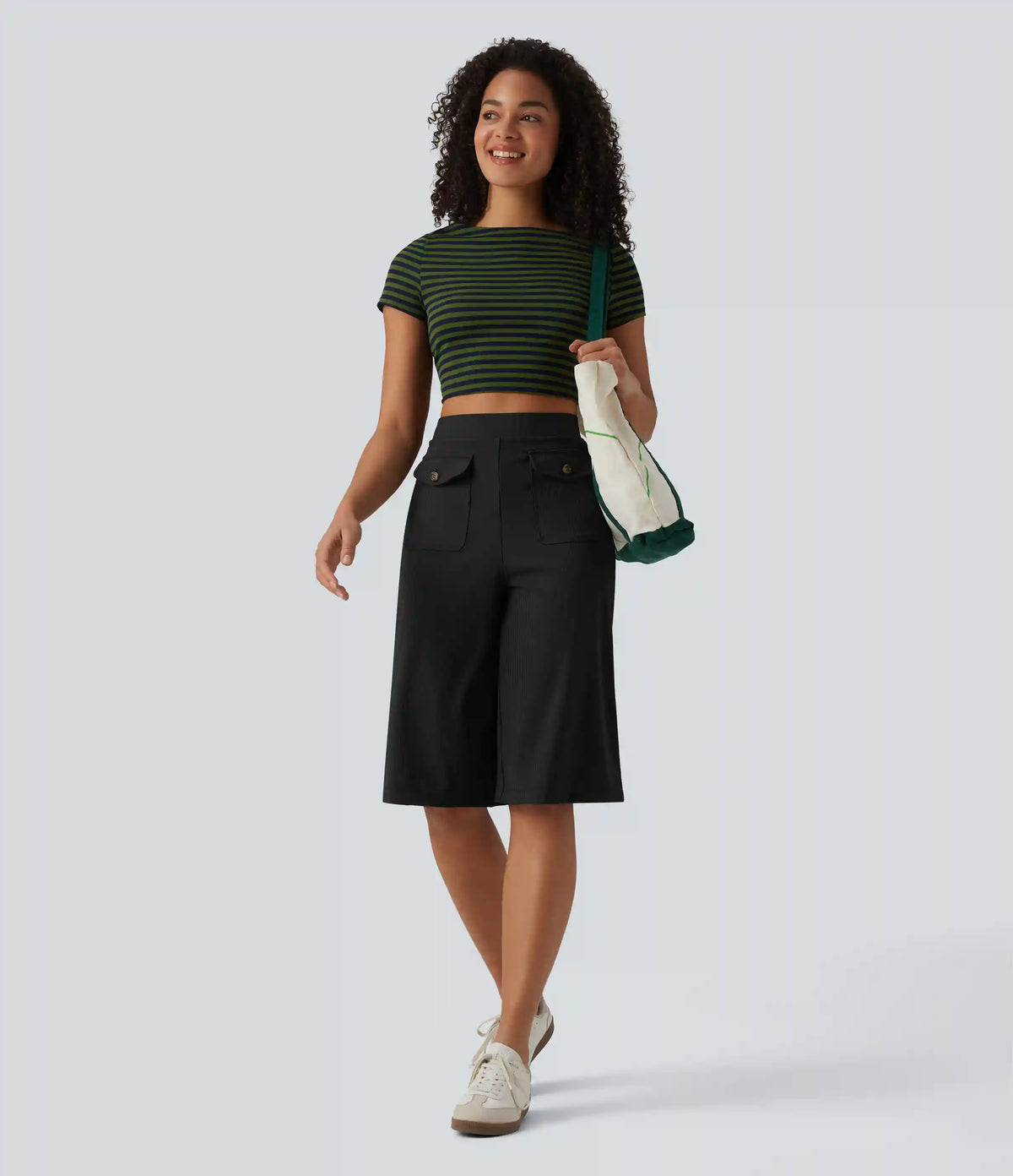 Ribbed Knit High Waisted Pedal Pushers Quick Dry Casual Wide Leg Pants with Flap Pockets-UPF50+