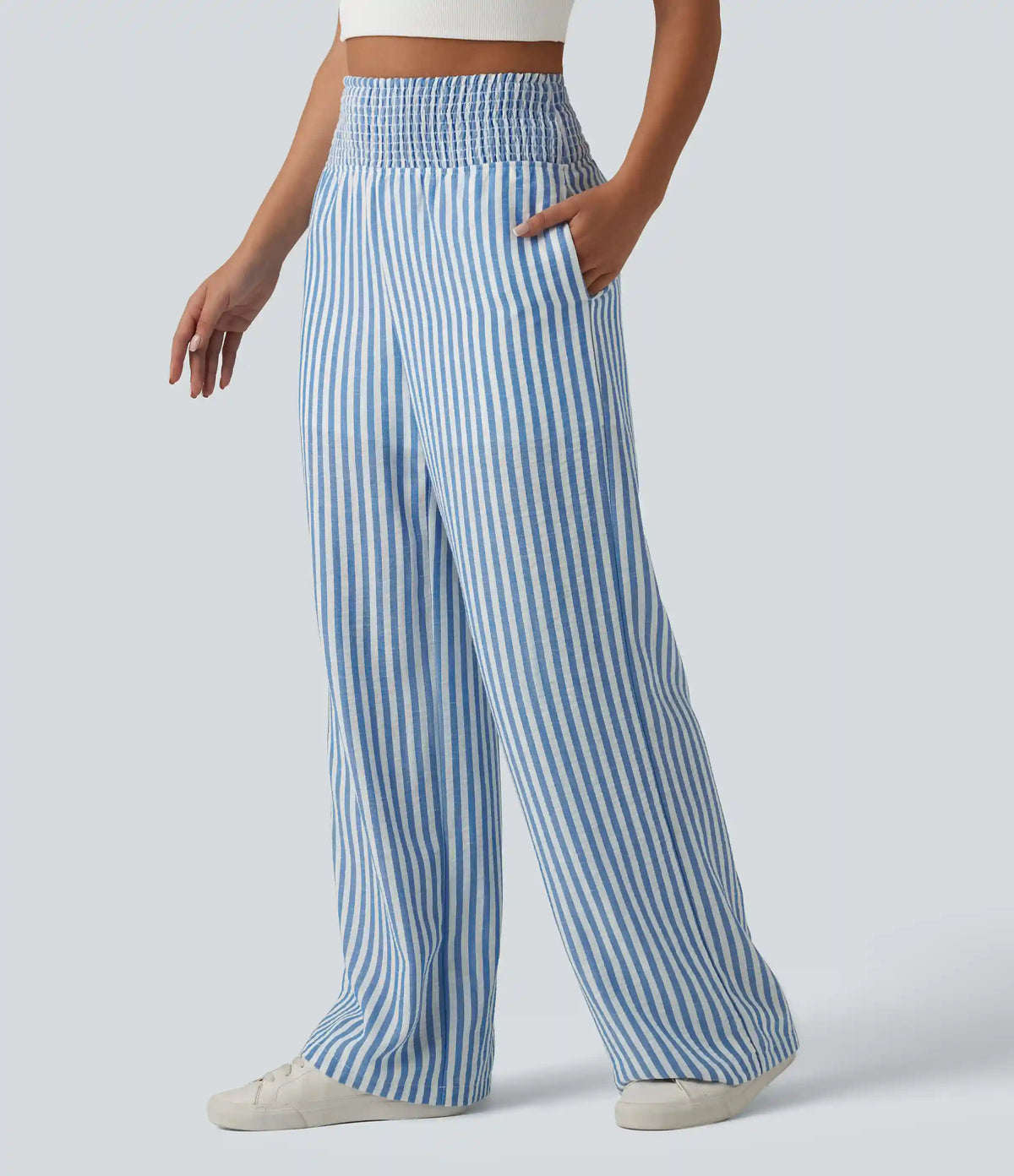 High Waisted Shirred 2-in-1 Straight Leg Stripe Casual Linen-Feel Pants with Pockets