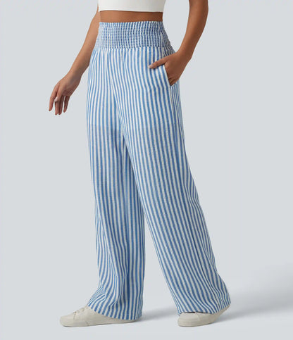 High Waisted Shirred 2-in-1 Straight Leg Stripe Casual Linen-Feel Pants with Pockets