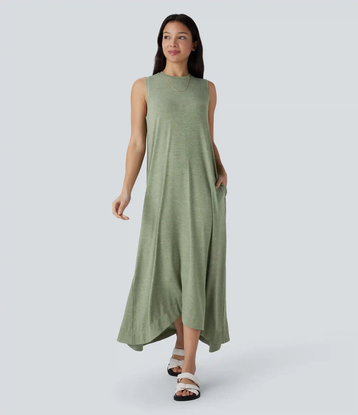 Round Neck Sleeveless Pocket High Low Flowy Maxi Casual Dress