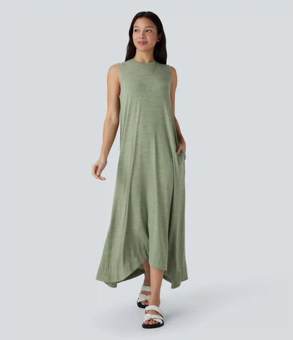 Round Neck Sleeveless Pocket High Low Flowy Maxi Casual Dress