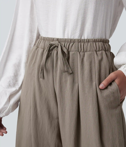 High Waisted Drawstring Straight Leg Work Pants with Pockets