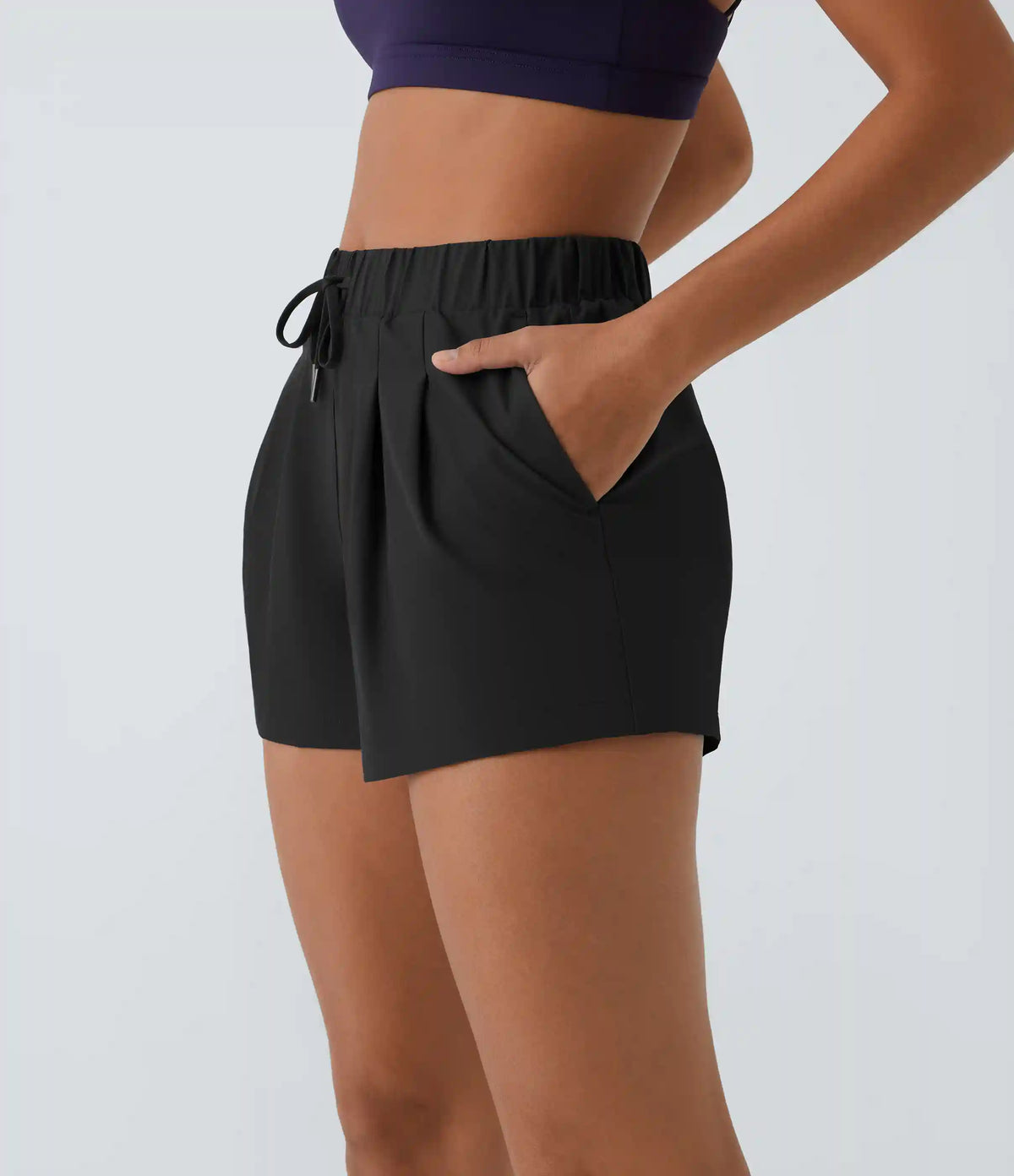 High Waisted Elastic Waistband Drawstring Pleated Yoga Shorts 3" with Pockets