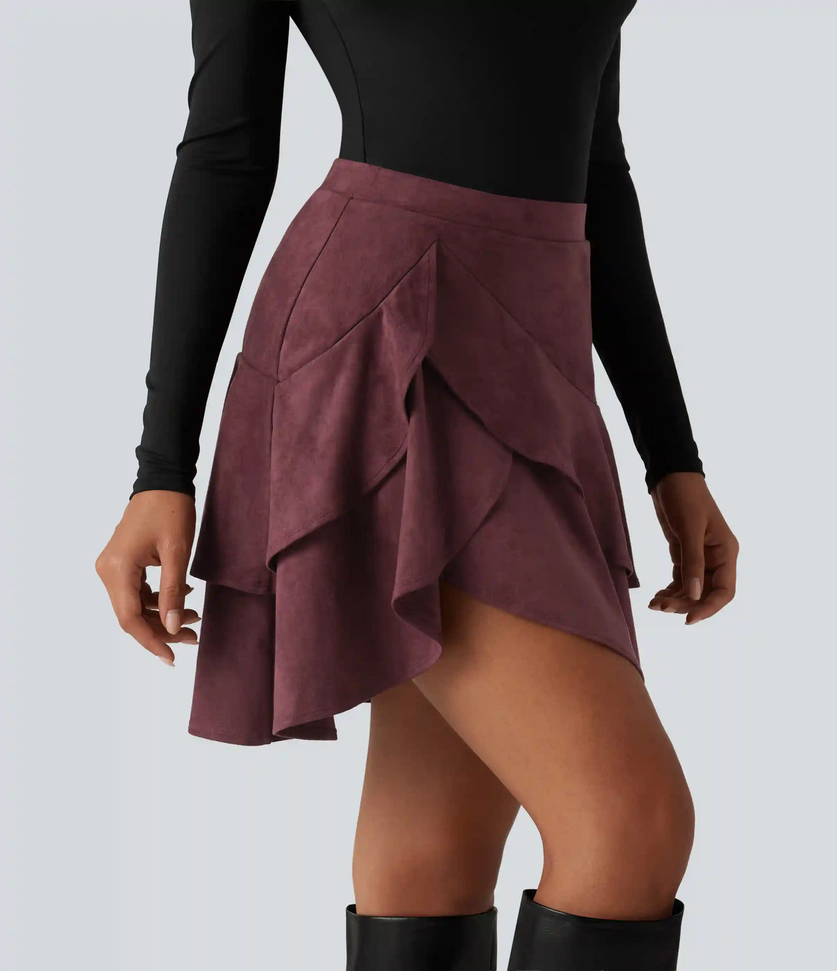High Waisted Tiered Ruffle Hem 2-in-1 Longer Mini Suede Casual Skirt with Pocket