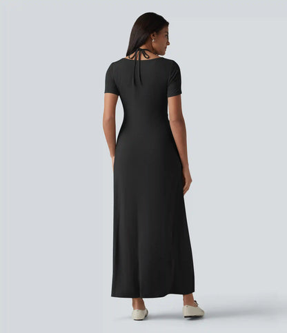V-neck Short Sleeve Drawstring Ruched Maxi Casual Dress