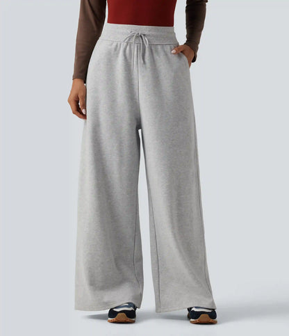 High Waisted Drawstring Wide Leg Fleece Cotton Casual Sweatpants with Pockets