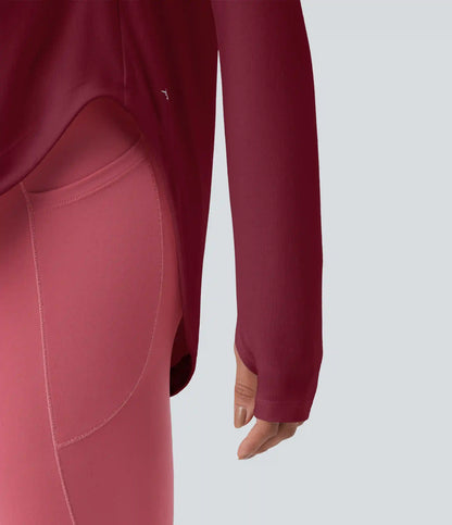 One Shoulder Long Sleeve Thumb Hole Curved Hem High Low Quick Dry Yoga Sports Top-Built-in Bra