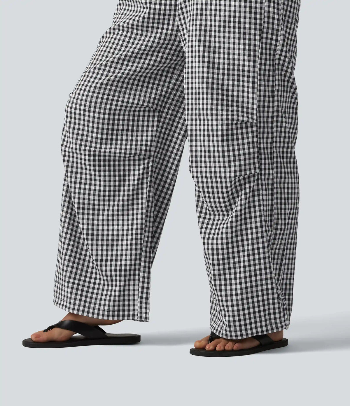 Mid Rise Drawstring Baggy Gingham Casual Pants with Pockets