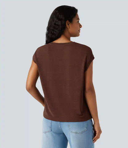Semi Sheer Notched Short Sleeve Casual T-Shirt