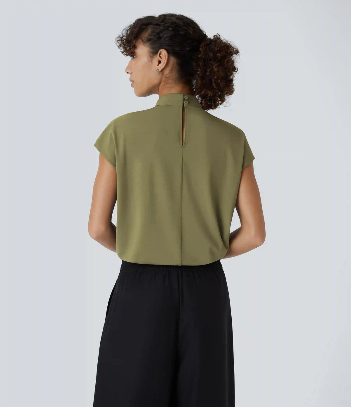 Stand Collar Back Cap Sleeve Work Blouse