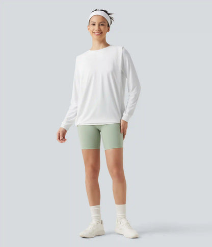 Round Neck Long Sleeve Ruched InstantCool Yoga Sports Top-Longer Length-UPF50+