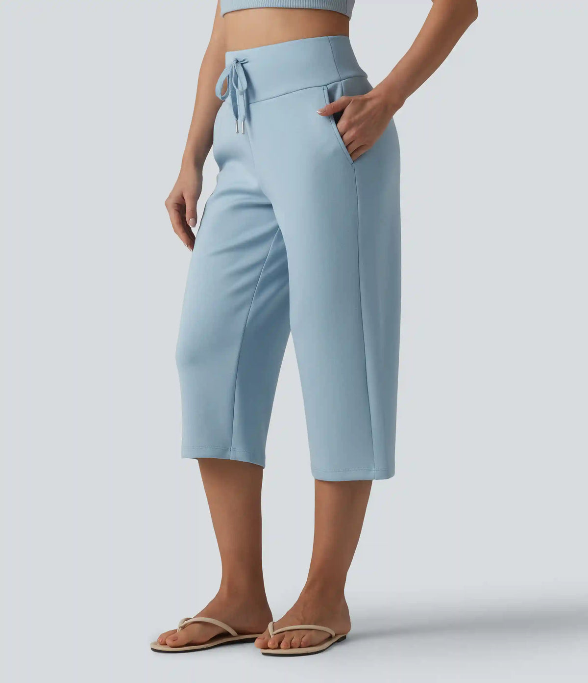 High Waisted Drawstring Straight Leg Capri Casual Pants with Pockets