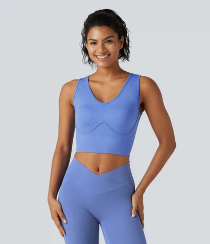 OneForm Seamless Flow V Neck Built-in Bra Lace Up Cropped Yoga Tank Top
