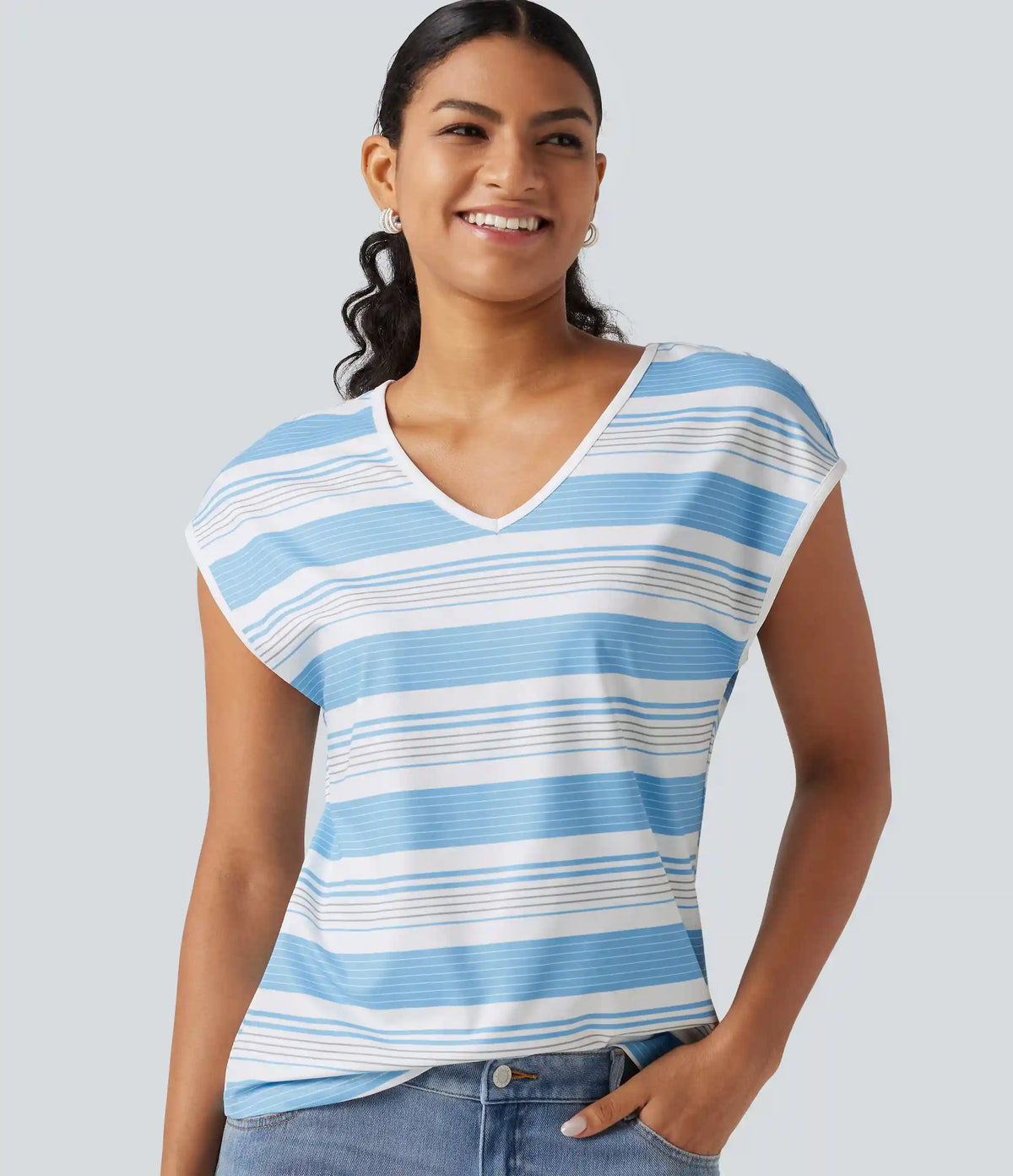 V Neck Short Sleeve Stripe Casual T-Shirt