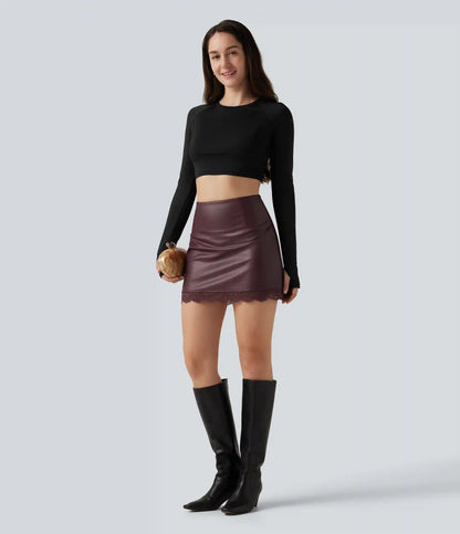 High Waisted Tummy Control Contrast Lace A-Line Casual Mini Skirt with Built-In Shorts