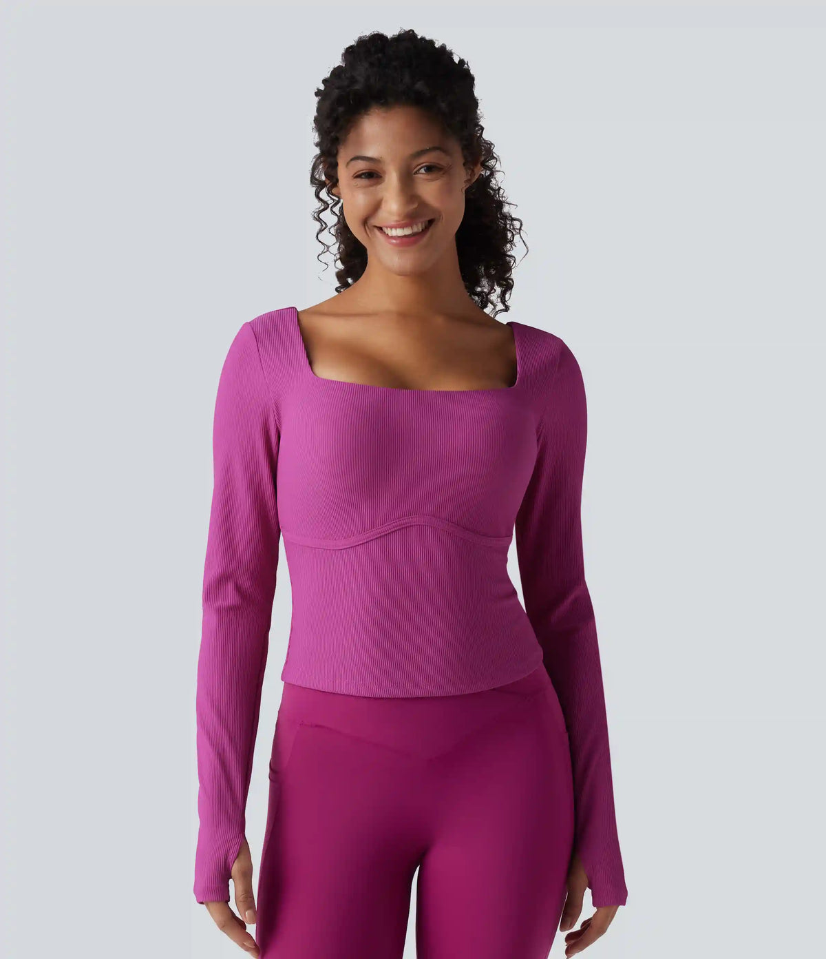 Ribbed Square Neck Push-Up Long Sleeve Thumb Hole Yoga Sports Top DD-F Cups