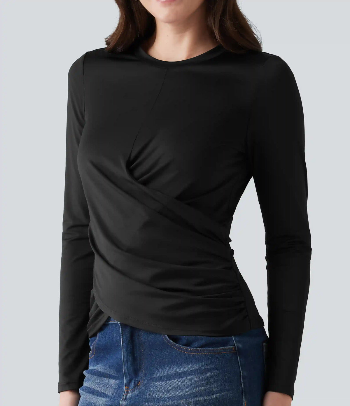 Round Neck Long Sleeve Crossover Hem Casual Top