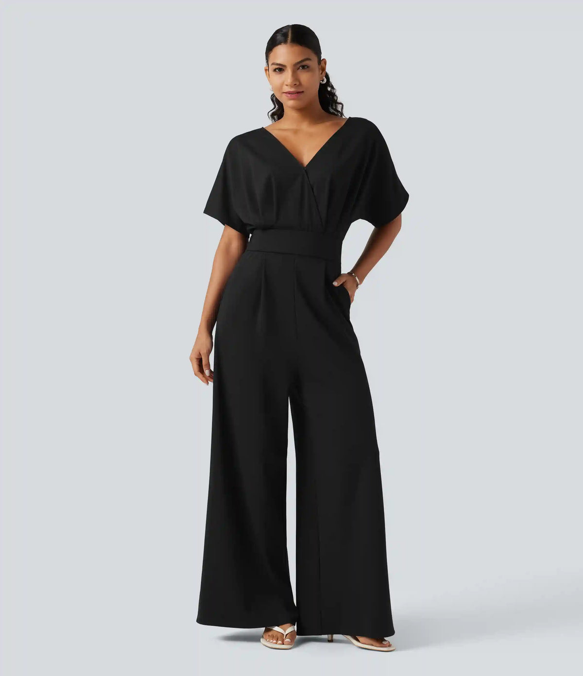 V Neck Short Sleeve Ruched Wide Leg Casual Jumpsuit with Pockets -Easy Peezy Edition