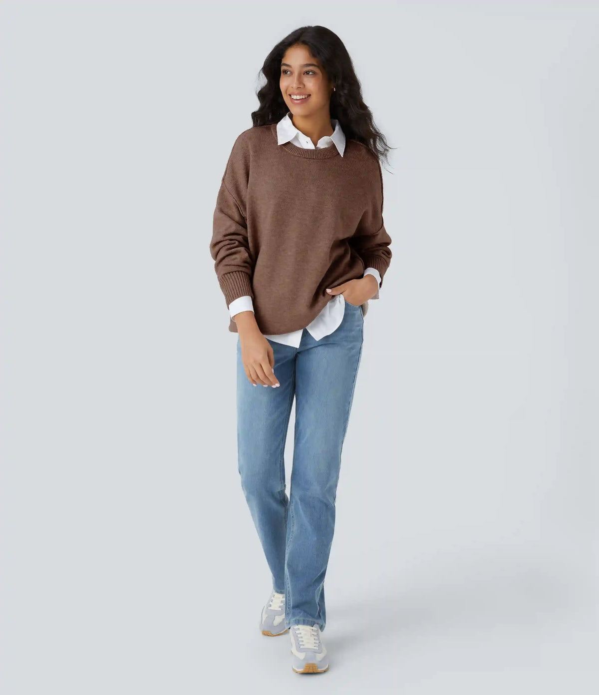 Round Neck Dropped Shoulder Long Sleeve Casual Sweater