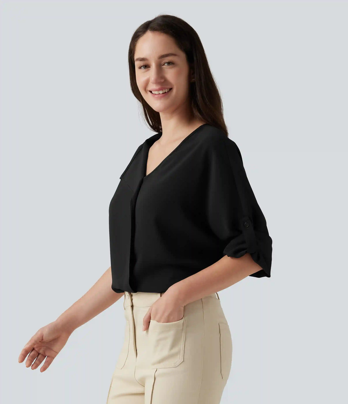 V Neck Long Sleeve Asymmetric Relaxed Work Blouse