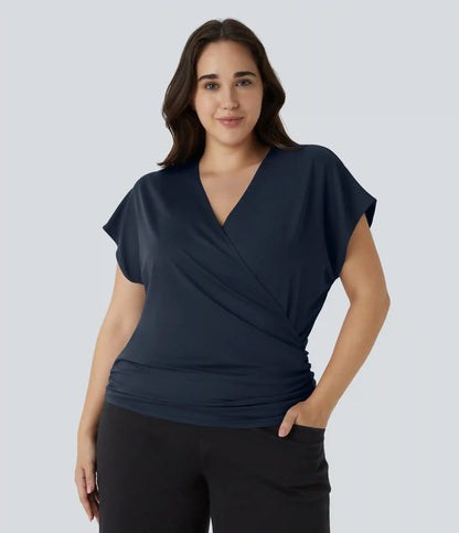 V Neck Cap Sleeve Crossover Ruched Solid Work Plus Size Blouse