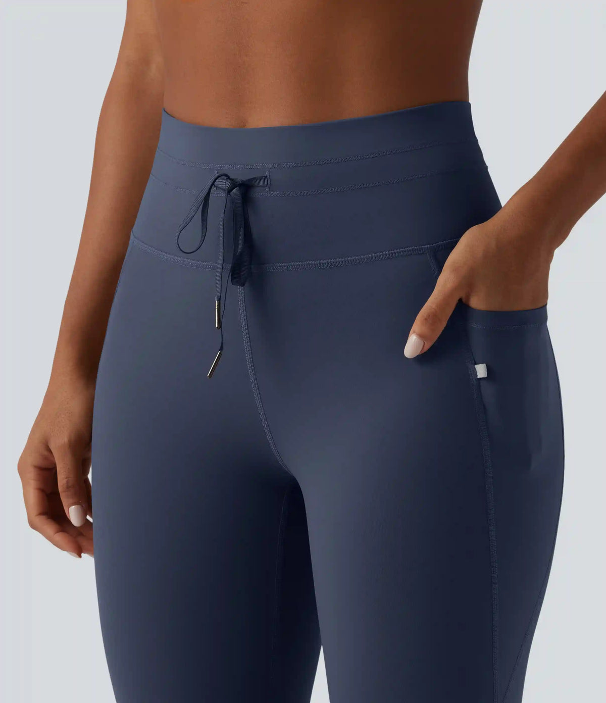 High Waisted Drawstring Plain Yoga 7/8 Leggings with Pockets