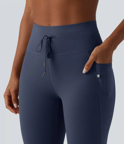 High Waisted Drawstring Plain Yoga 7/8 Leggings with Pockets