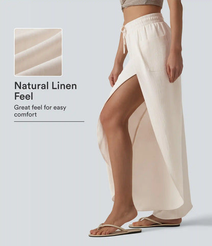 Mid Rise Drawstring Split Linen-Feel Casual Baggy Pants with Pockets