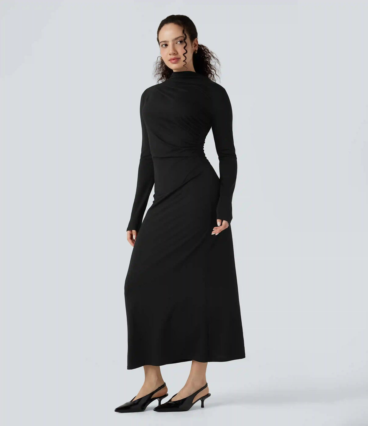 Mock Neck Long Sleeve Midi Casual Dress