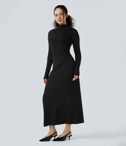 Mock Neck Long Sleeve Midi Casual Dress