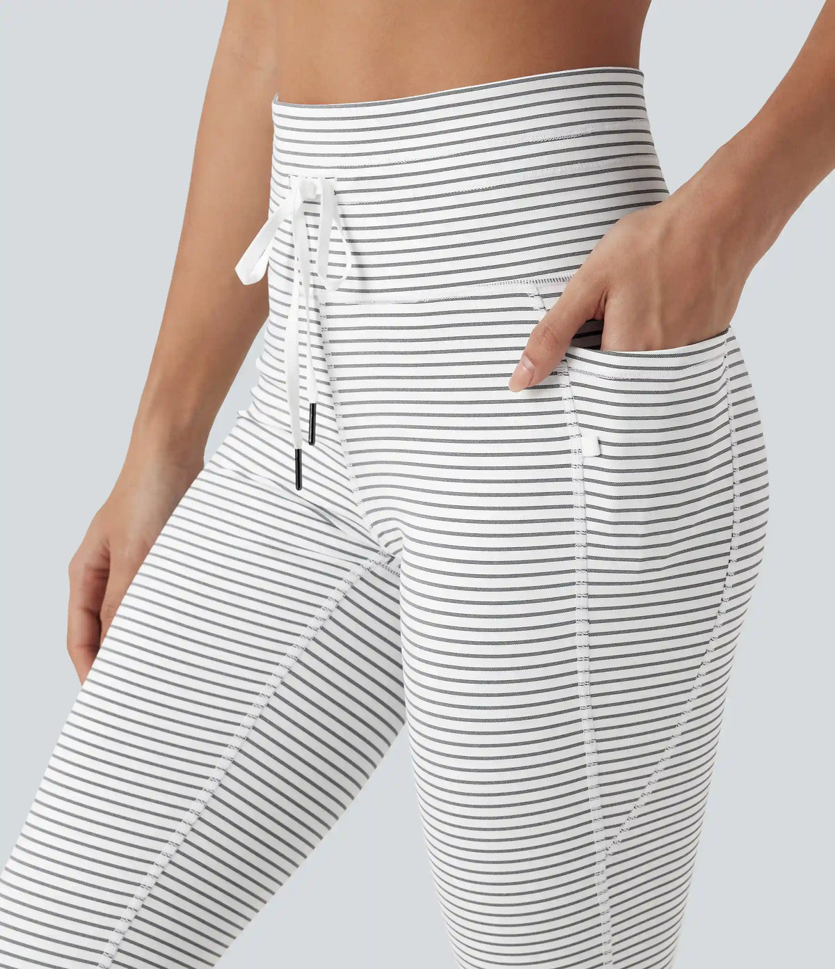 High Waisted Drawstring Stripe Pedal Pusher Yoga Leggings with Pockets