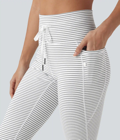 High Waisted Drawstring Stripe Pedal Pusher Yoga Leggings with Pockets