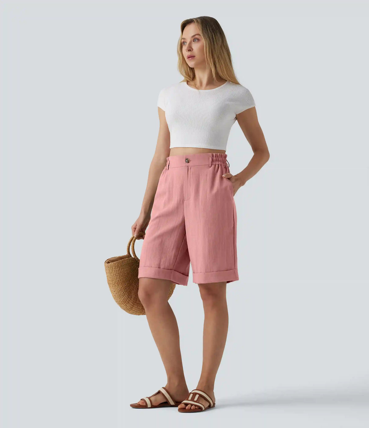 High Waisted Rolled Hem Linen-Feel Resort Bermuda Shorts 10'' with Pockets