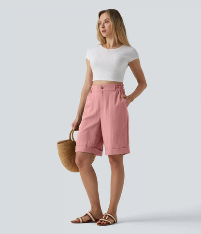 High Waisted Rolled Hem Linen-Feel Resort Bermuda Shorts 10'' with Pockets