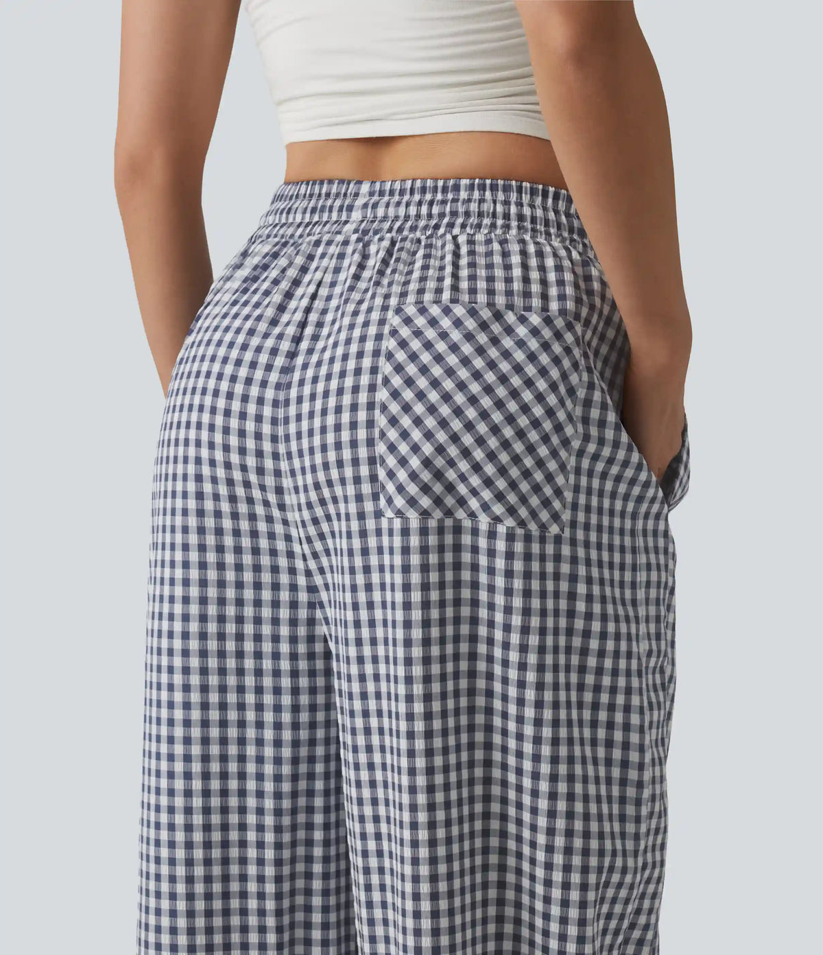 Mid Rise Drawstring Baggy Gingham Casual Pants with Pockets