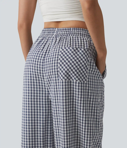 Mid Rise Drawstring Baggy Gingham Casual Pants with Pockets