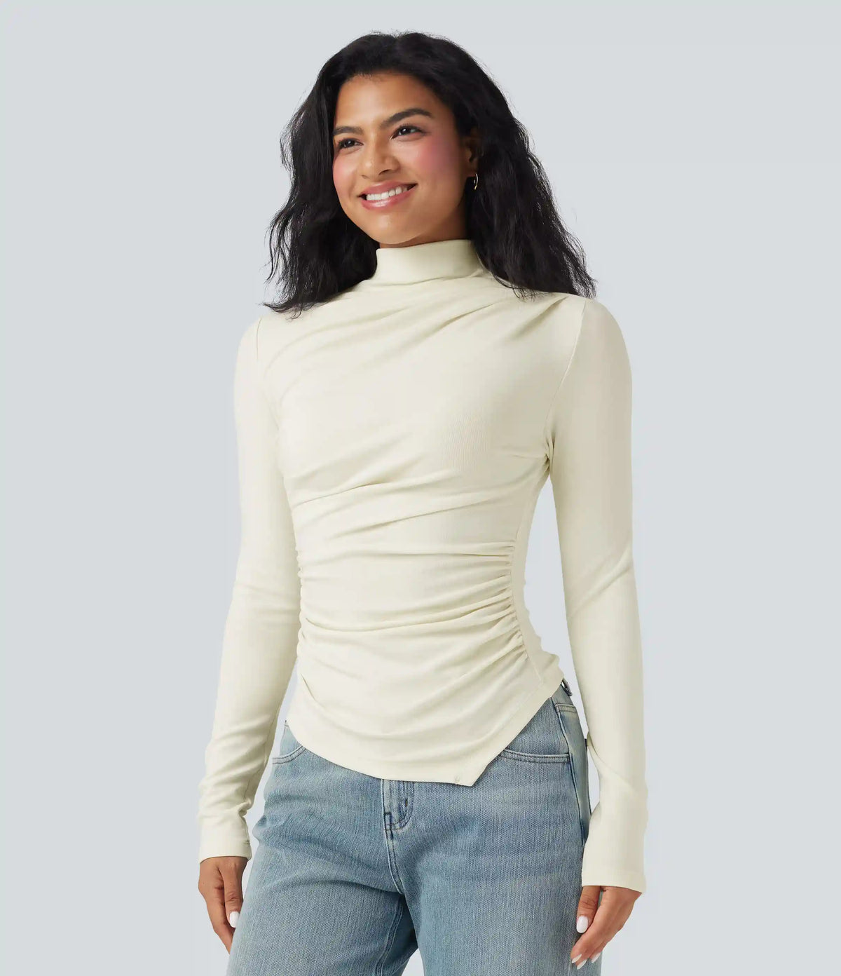 Mock-neck Long Sleeve Ruched Asymmetric Hem Thermal Casual Top