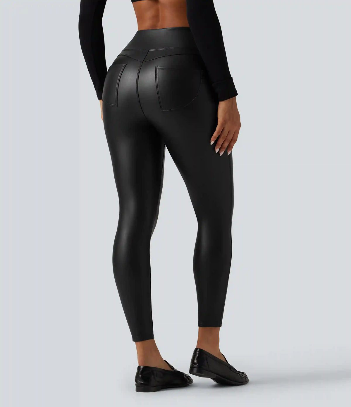 High Waisted Stretchy PU Fleece Skinny Casual Leggings with Pockets