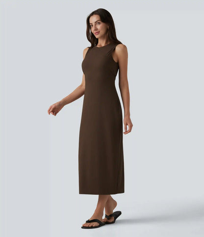 Ribbed Round Neck Sleeveless Built-in Bra Bodycon Midi Casual Dress
