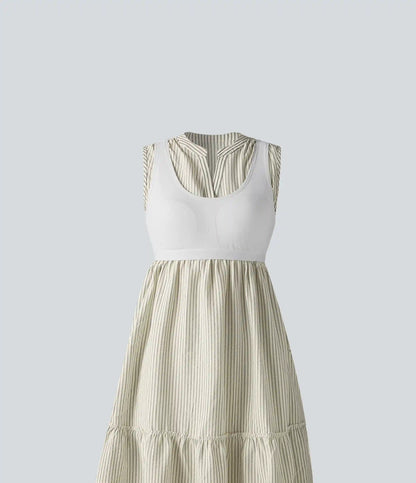 V Neck Built-in Bra Sleeveless Stripe Midi Dress