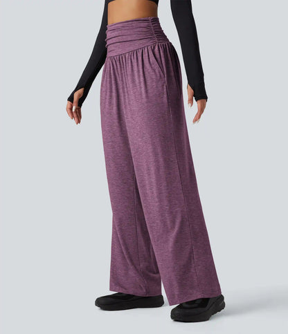 High Waisted Ruched Heathered Yoga Baggy Pants with Pockets