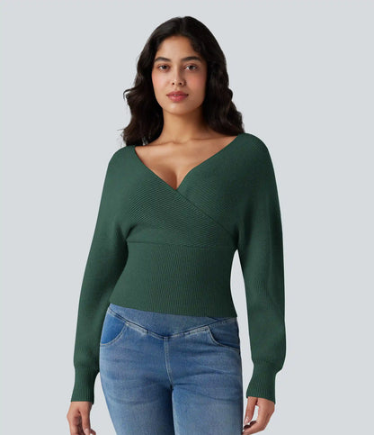 V-neck Batwing Long Sleeve Cut-out Casual Sweater