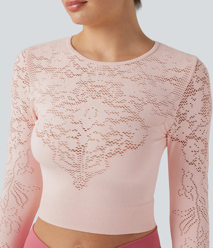 OneForm Seamless Flow Round Neck Long Sleeve Cut Out Cropped Yoga Sports Top