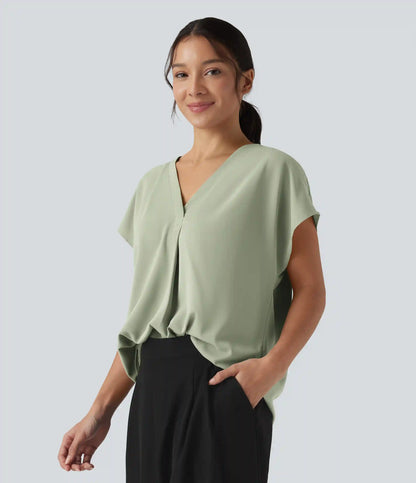 Wrinkle Recovery V-neck Short Sleeve Oversized Work Blouse