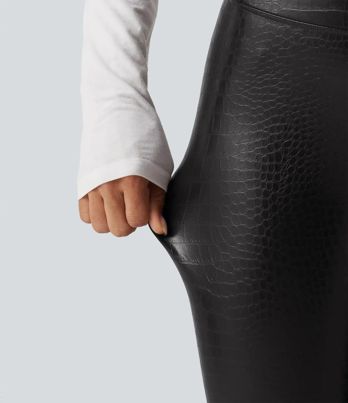 High Waisted Tummy Control Snakeskin Print Stretchy PU Fleece Skinny Casual Leggings with Pockets