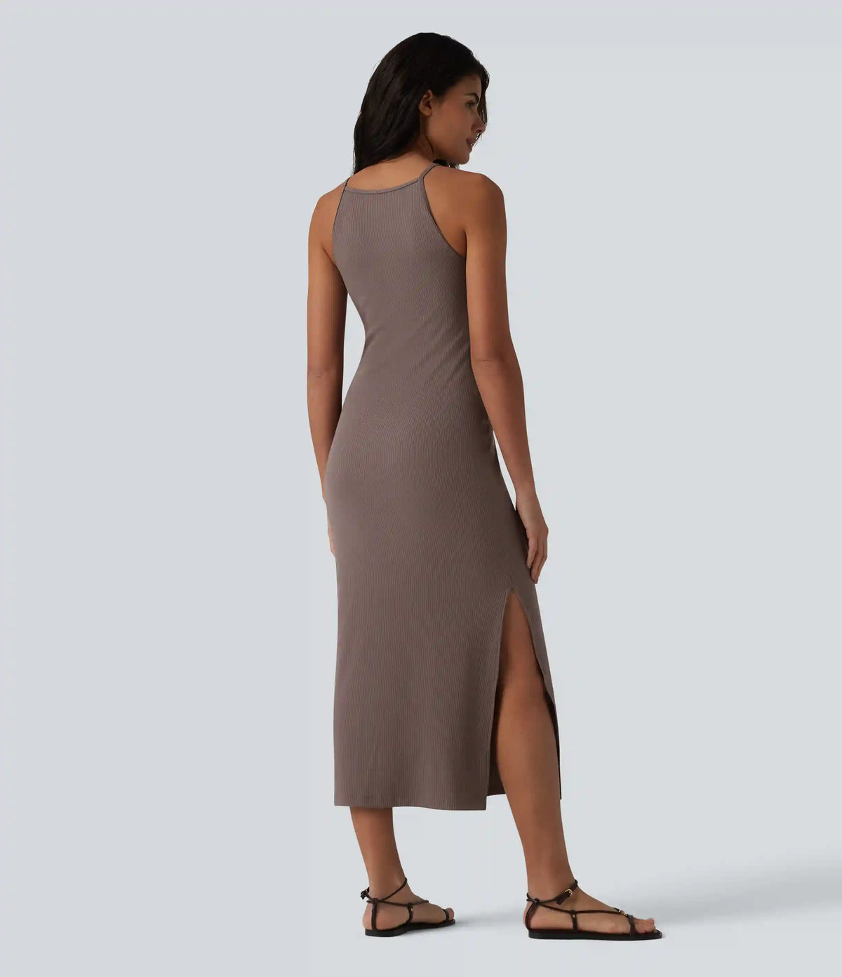 Ribbed Knit Round Neck Midi Casual Slip Dress