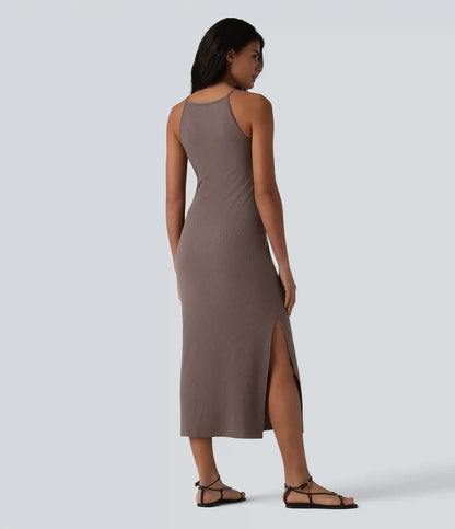 Ribbed Knit Round Neck Midi Casual Slip Dress