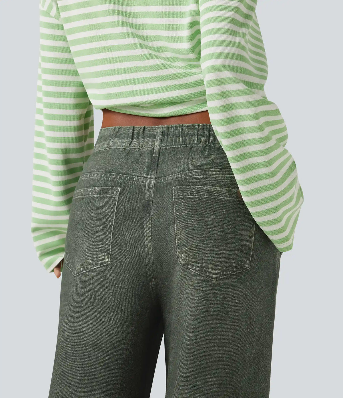 Mid Rise Wide Leg Denim Print French Terry Casual Jeans with Pockets